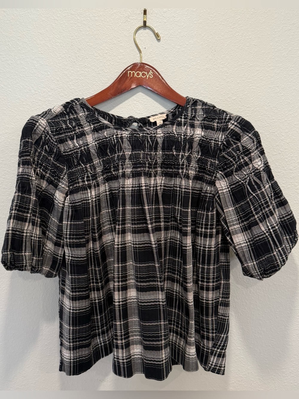 Pilcro Black & White Plaid Smocked Puff Sleeve Top